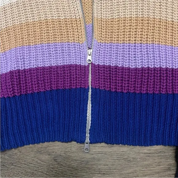 Aerie Double Zip Cardigan Sweater Color Block Purple Tan Blue Cream Size Medium