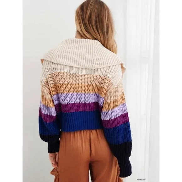 Aerie Double Zip Cardigan Sweater Color Block Purple Tan Blue Cream Size Medium