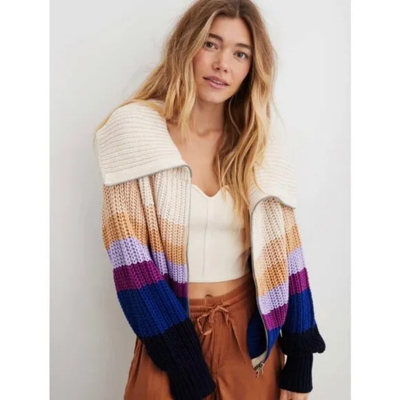 Aerie Double Zip Cardigan Sweater Color Block Purple Tan Blue Cream Size Medium
