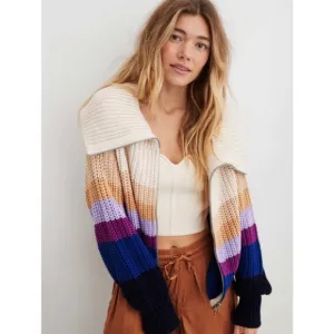 Aerie Double Zip Cardigan Sweater Color Block Purple Tan Blue Cream Size Medium