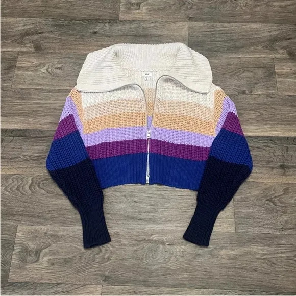 Aerie Double Zip Cardigan Sweater Color Block Purple Tan Blue Cream Size Medium