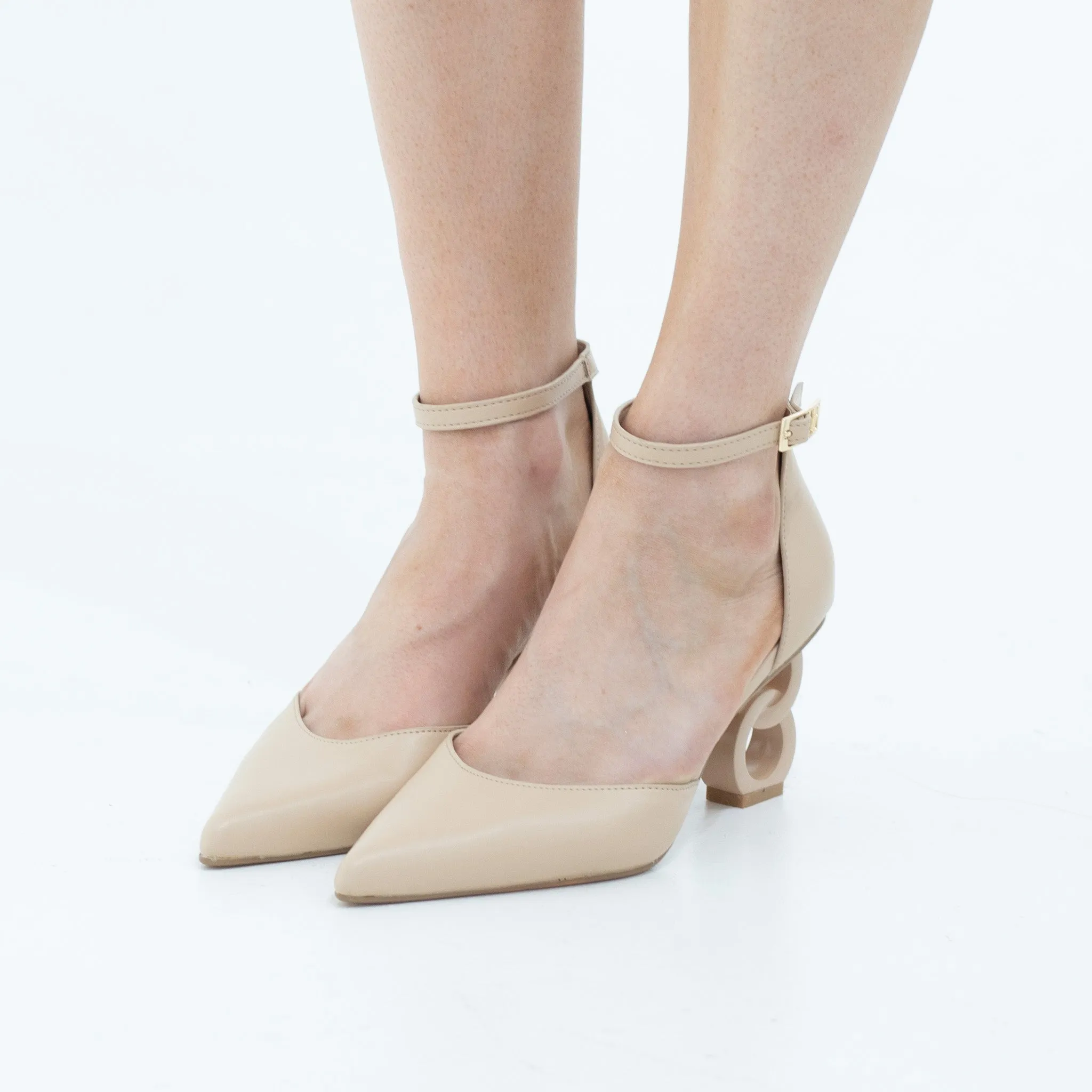 Akshara open waist pointy PU on 7.5cm double circ heel nude