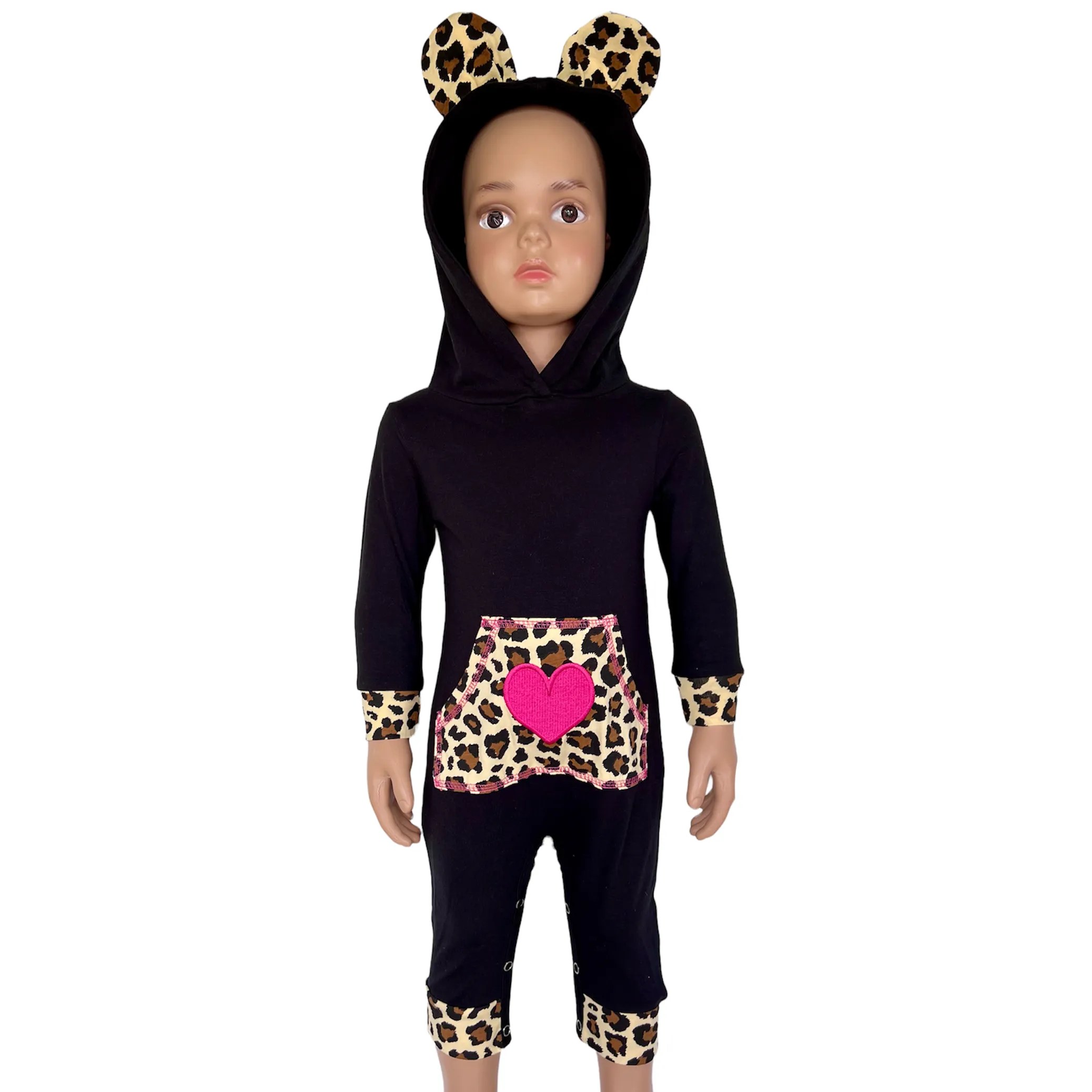 AnnLoren Girls Long Sleeve Leopard Heart Baby Toddler Romper Hoodie One Piece