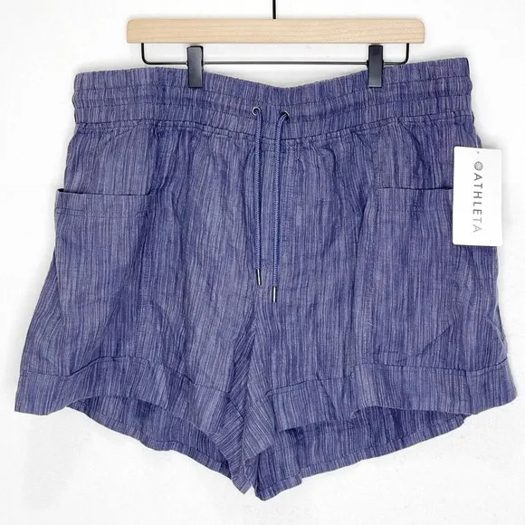Athleta Cabo Linen Textured Short 4&quot; Navy Pull-On Comfy Earthy Blue Size 20