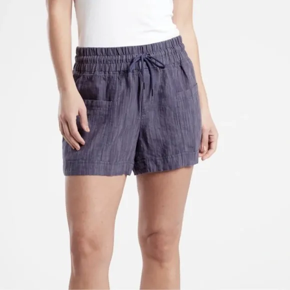 Athleta Cabo Linen Textured Short 4&quot; Navy Pull-On Comfy Earthy Blue Size 20