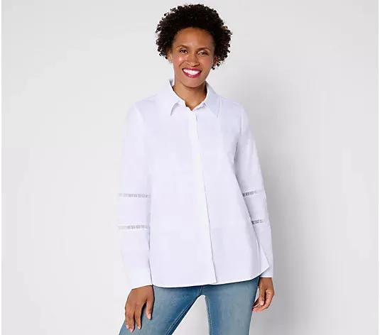 Attitudes by Renee Woven Button-Front Top with Lace Trim