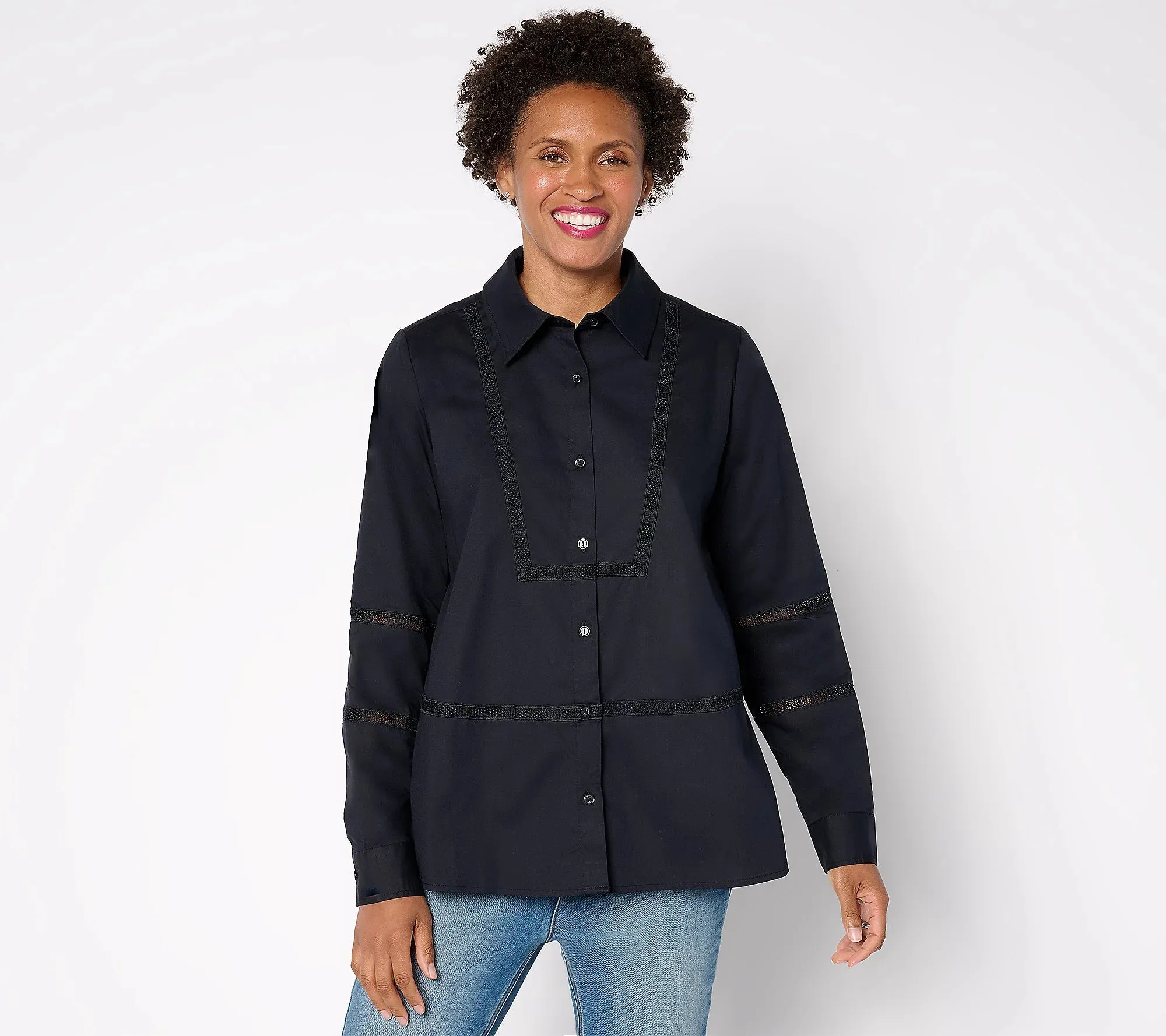 Attitudes by Renee Woven Button-Front Top with Lace Trim