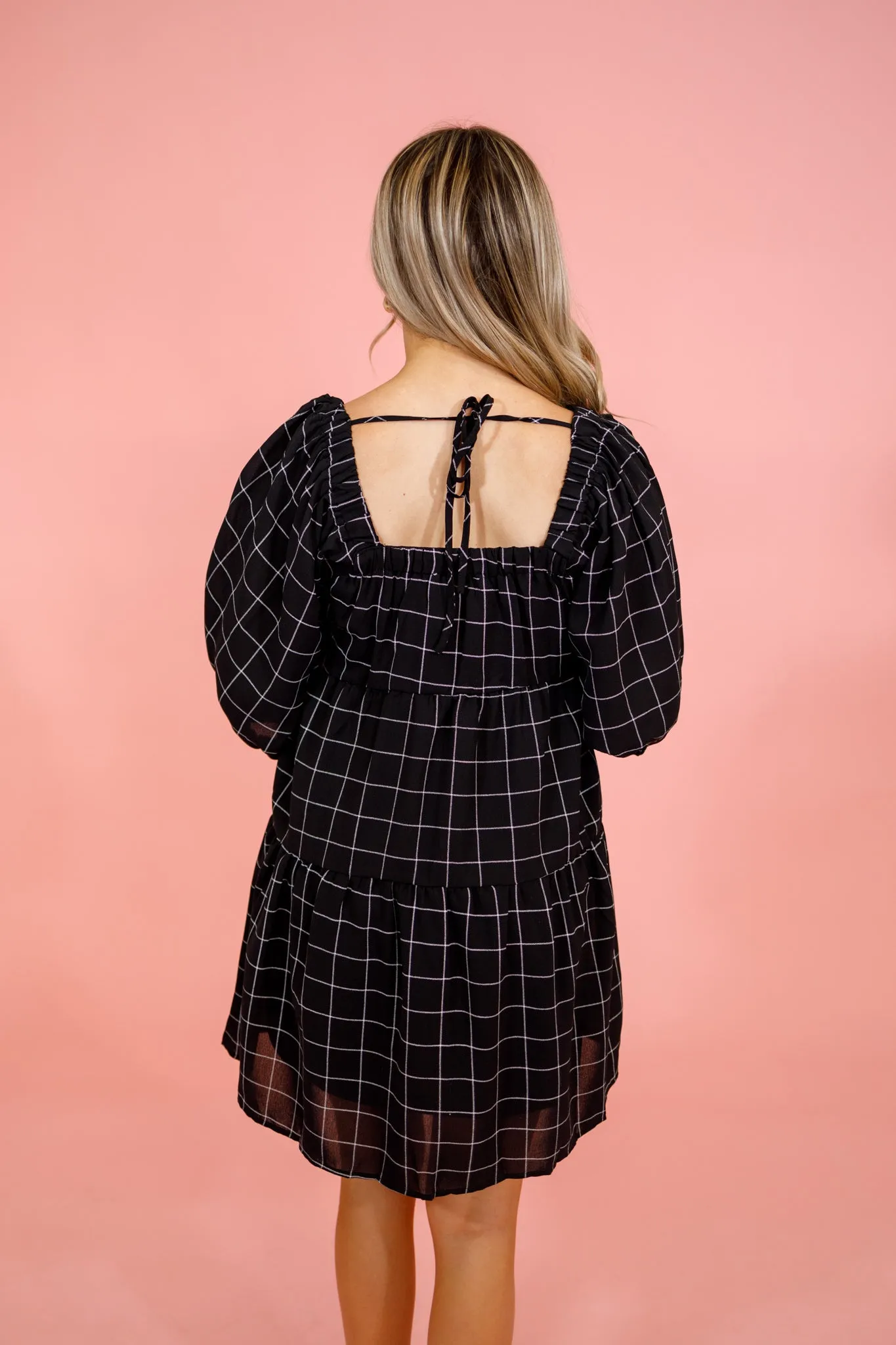 Black Checkered Back Tie Dress