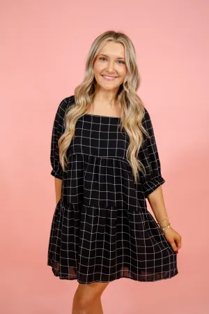 Black Checkered Back Tie Dress