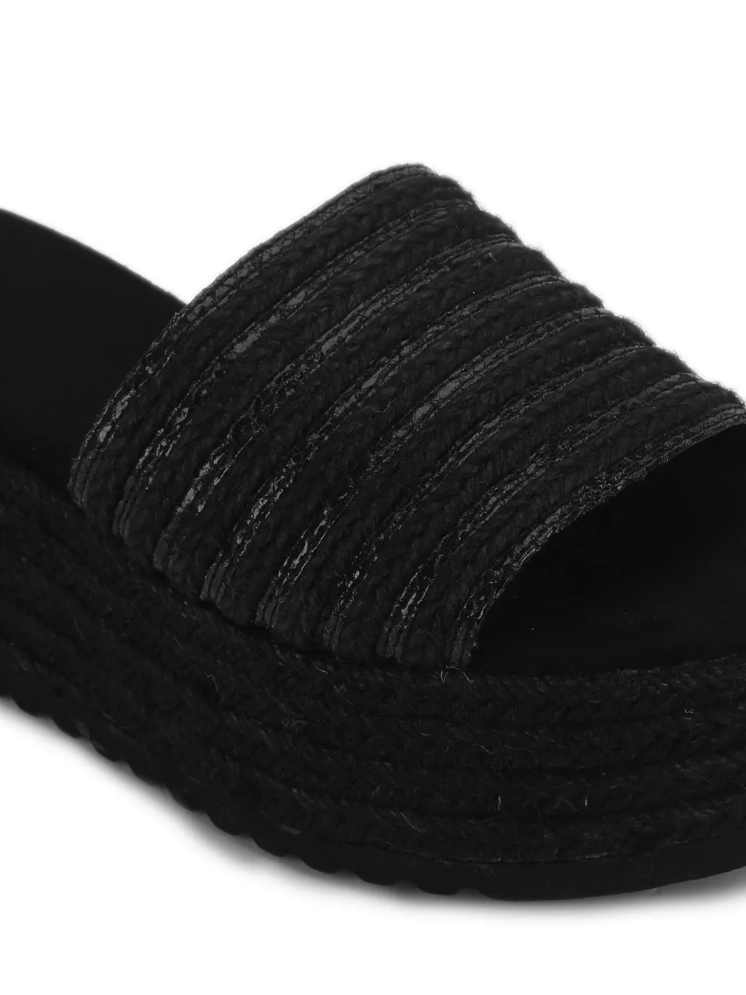 Black Snake Woven PU Slip On Wedges
