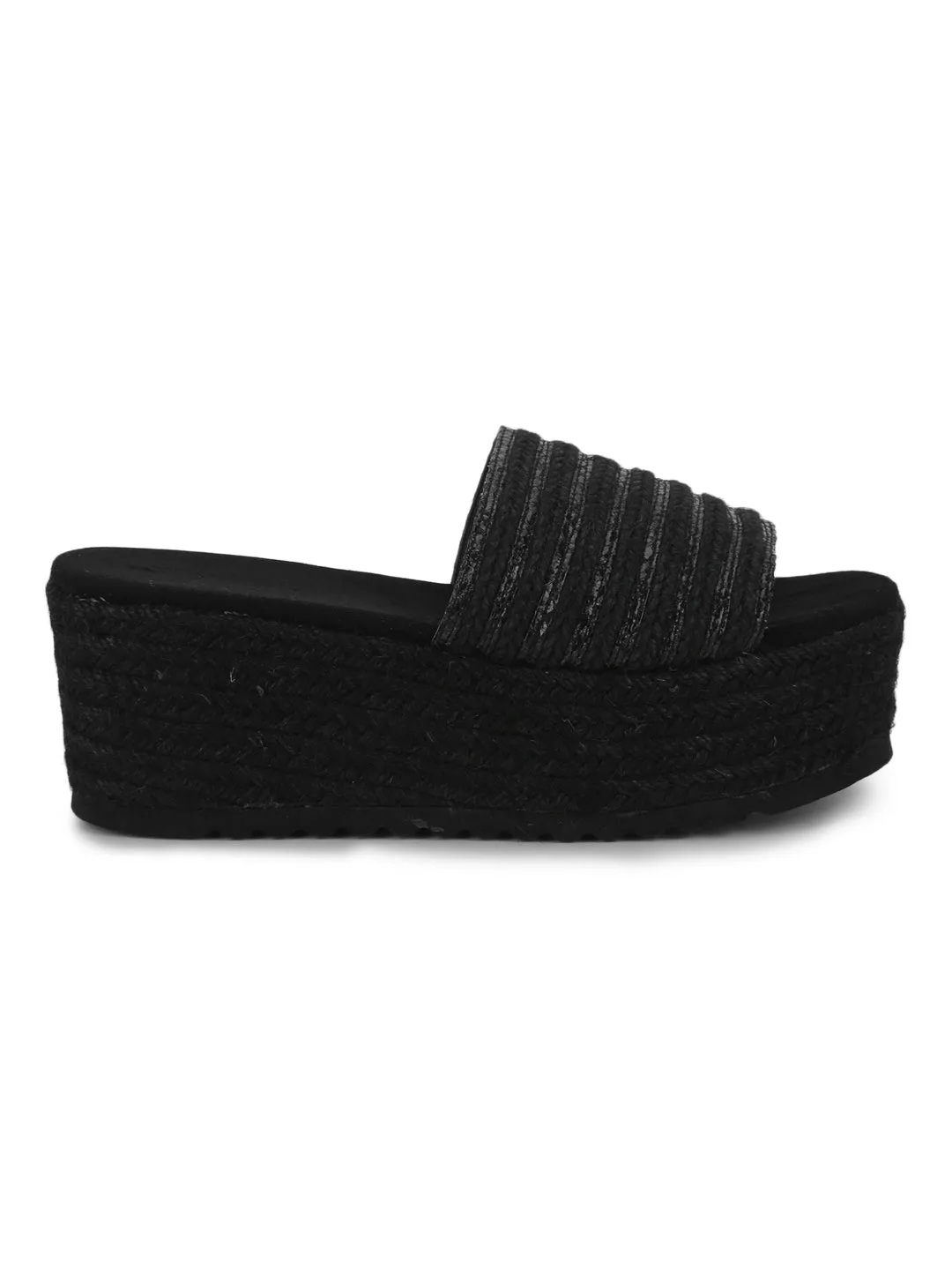 Black Snake Woven PU Slip On Wedges