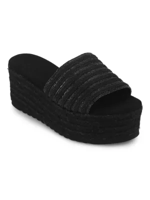 Black Snake Woven PU Slip On Wedges