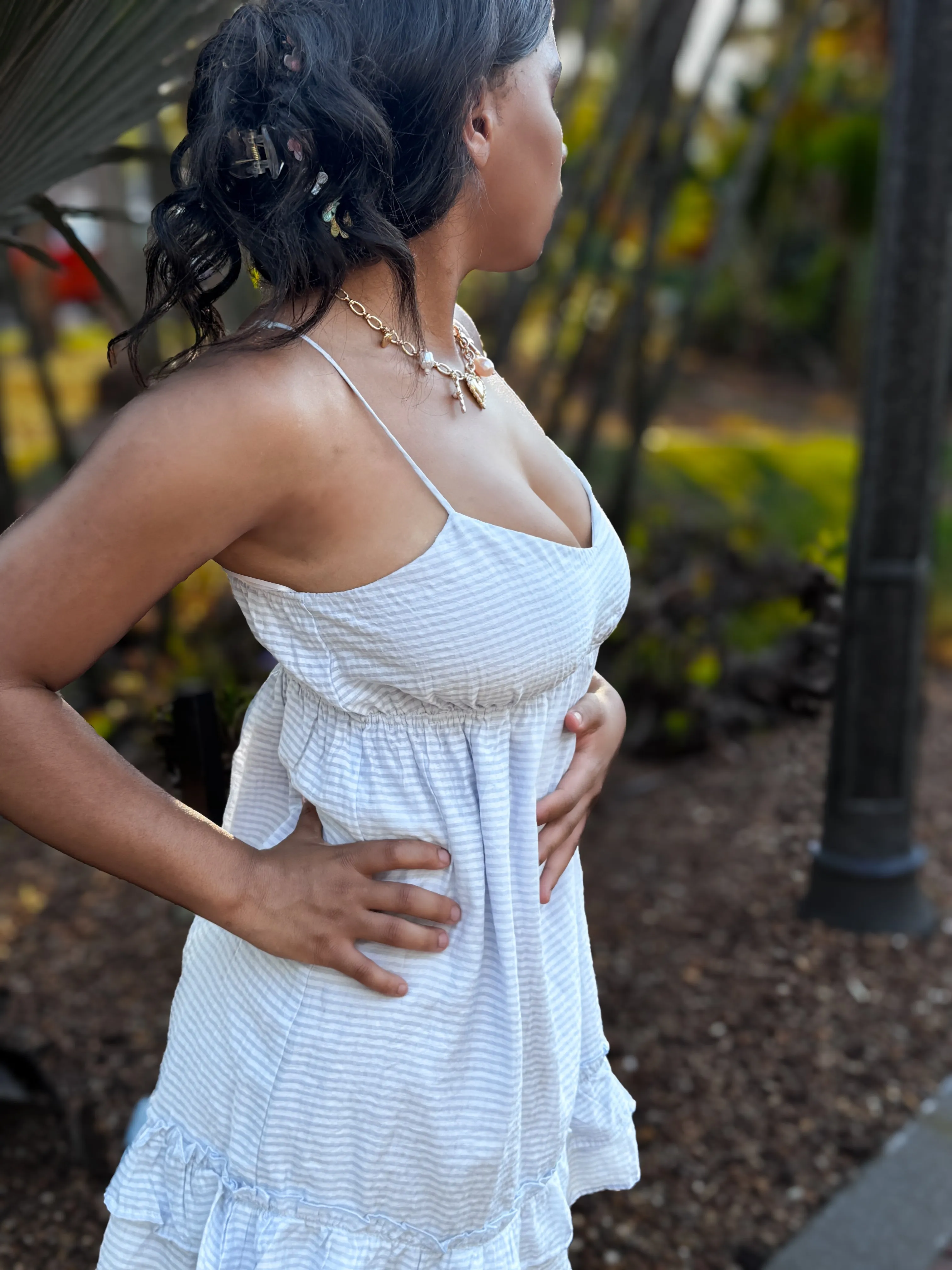 Blue Ruffle Dress-Thin Stripes