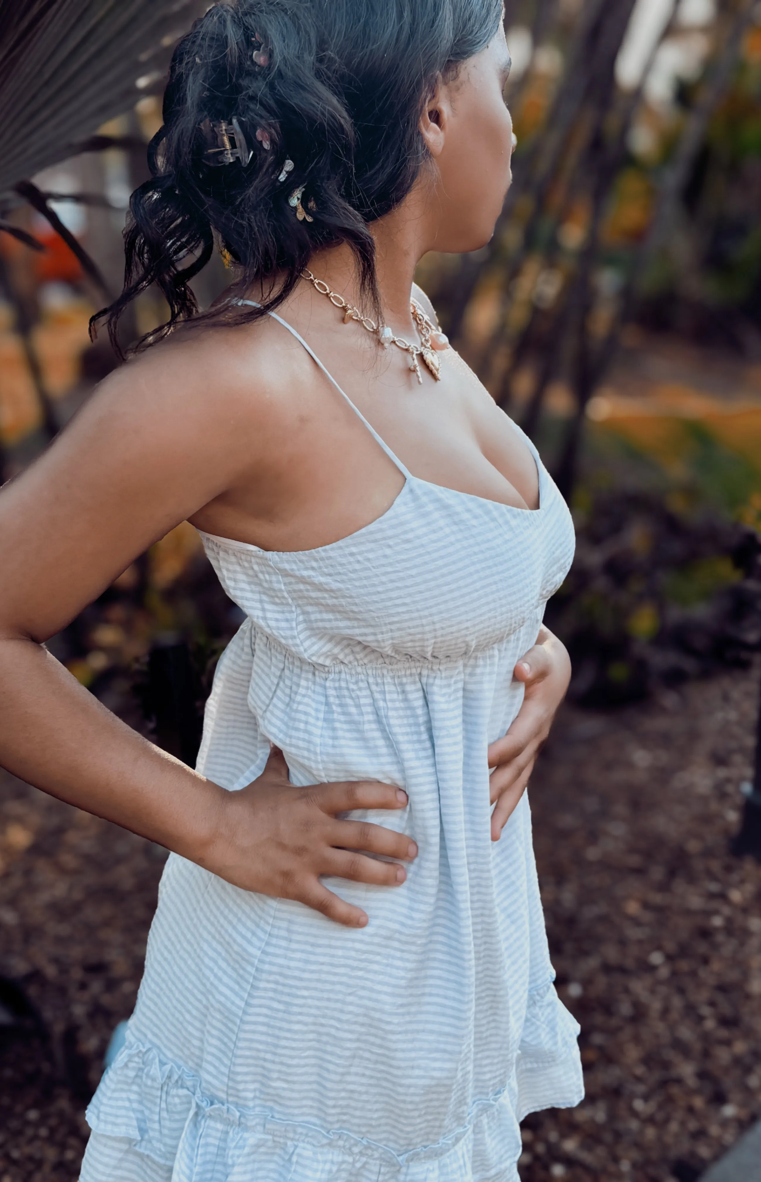 Blue Ruffle Dress-Thin Stripes