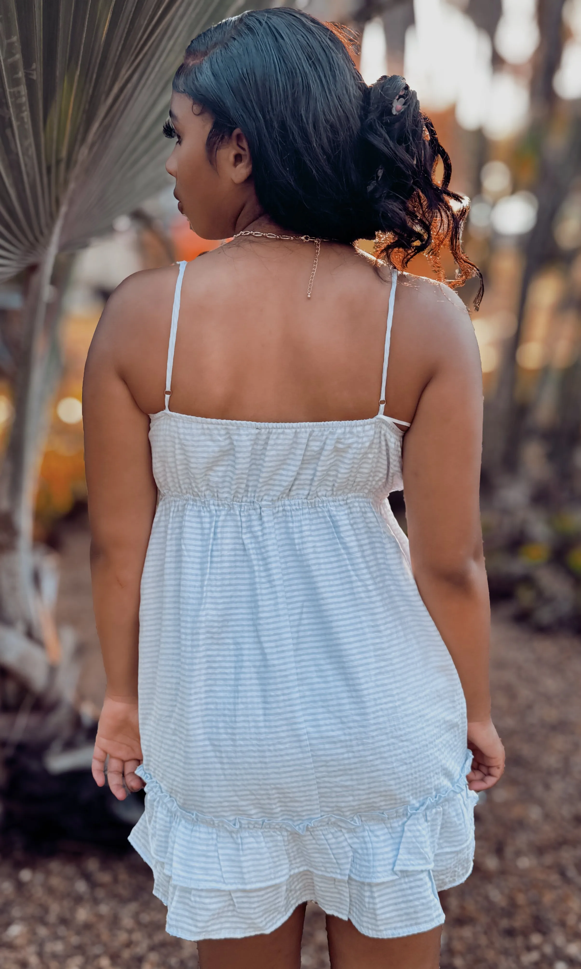 Blue Ruffle Dress-Thin Stripes