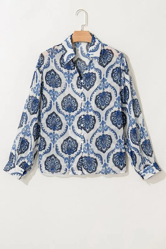 Blue Tribal Pattern Buttoned Front Loose Shirt