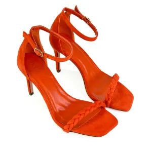 Brookes Woven Strappy Square Toe Stiletto High Heel Sandals in Orange