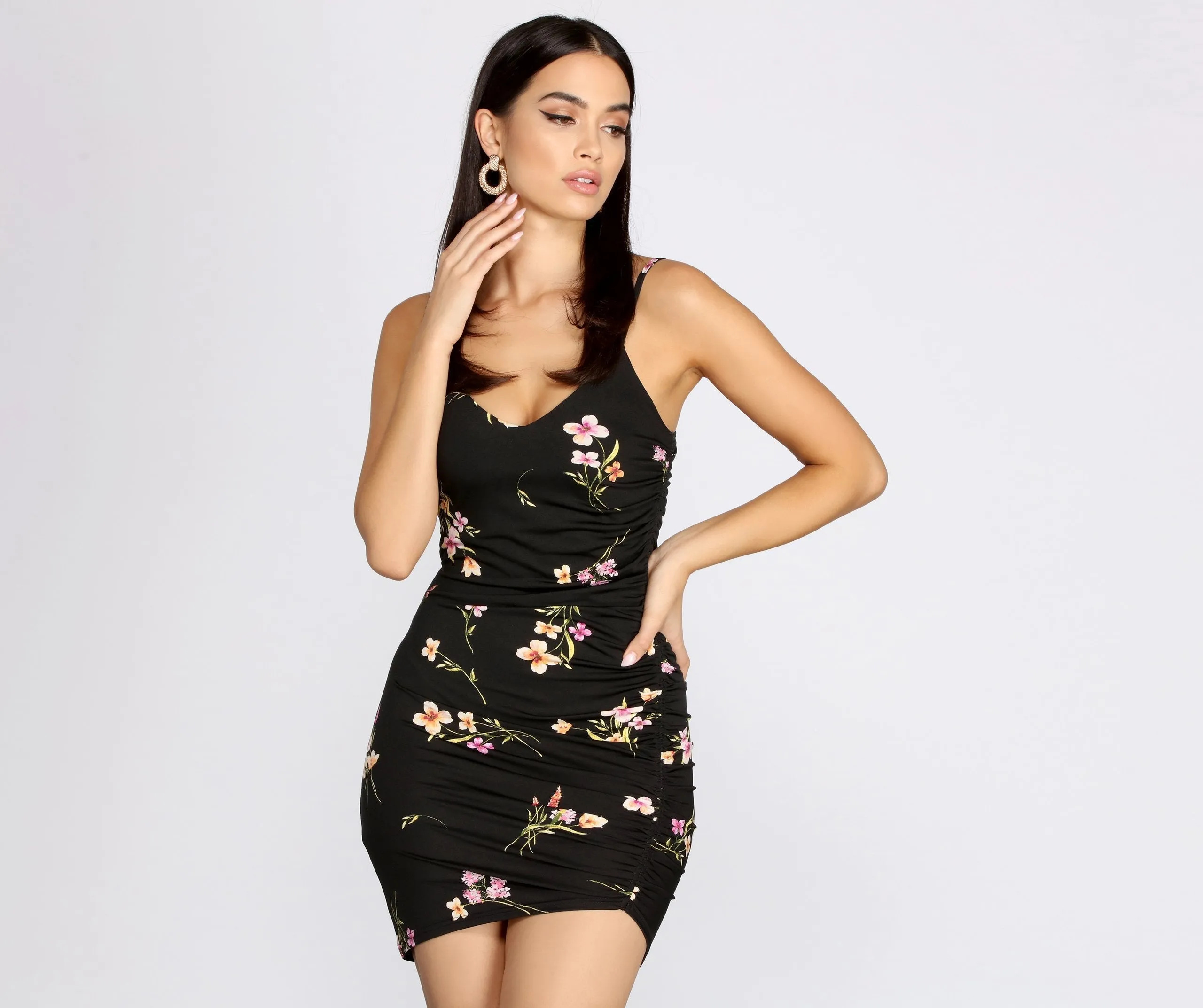 Can't Forget Me Floral Graceful Side Ruched Mini Dress