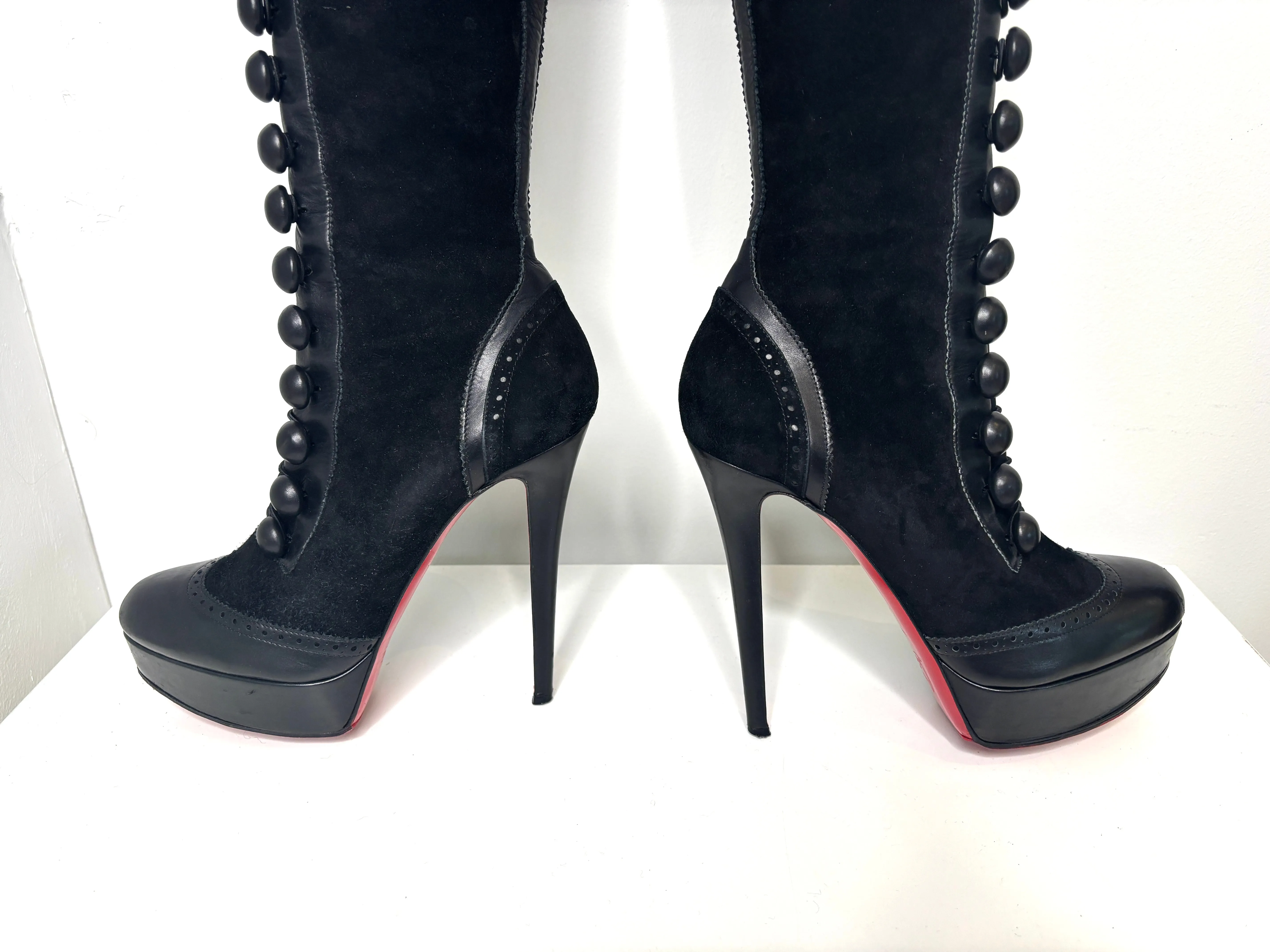 Christian Louboutin Majolique Over-the-Knee Platform Button Black Suede High Boots 39.5 UK6.5 Preloved