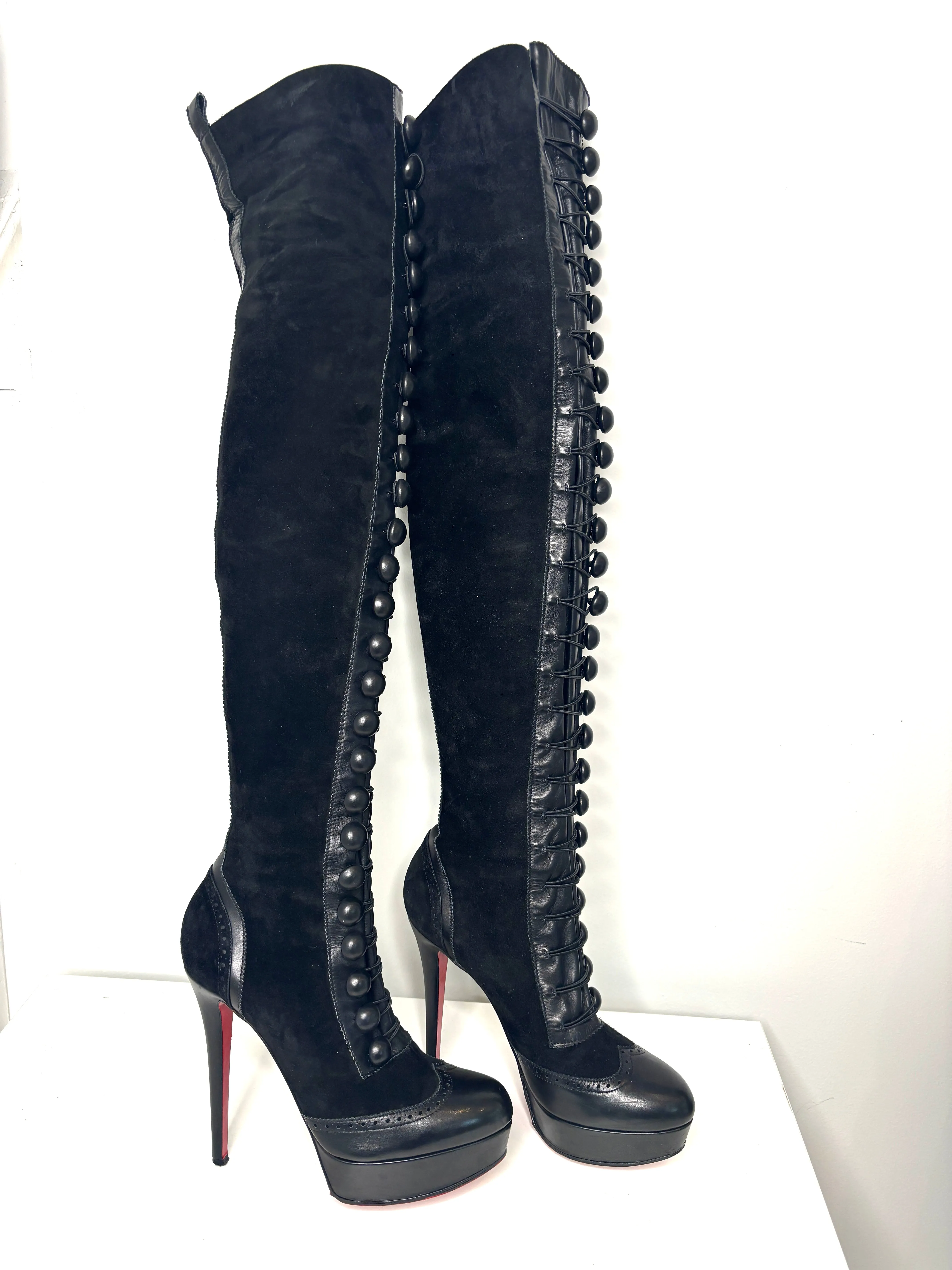 Christian Louboutin Majolique Over-the-Knee Platform Button Black Suede High Boots 39.5 UK6.5 Preloved