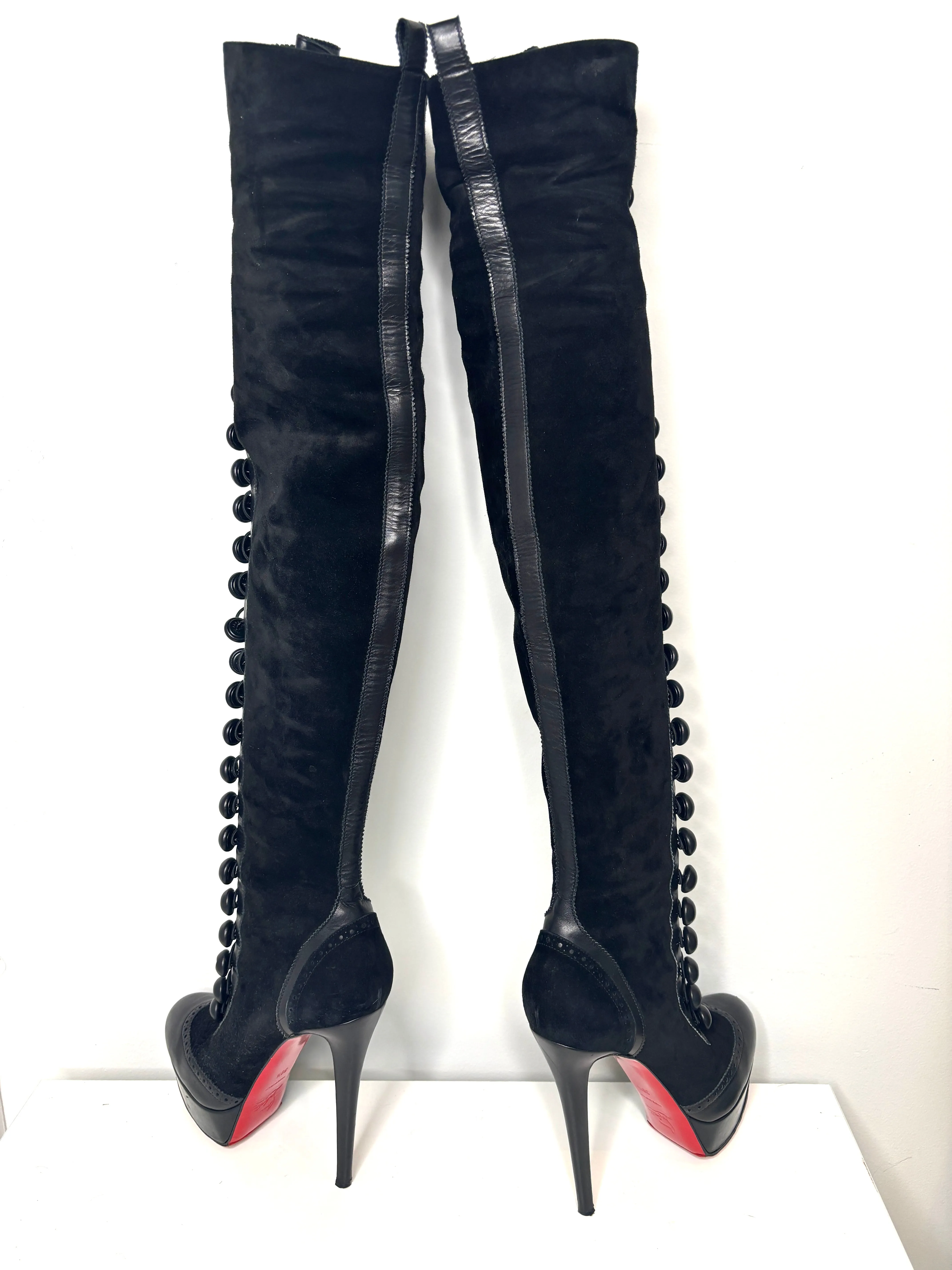 Christian Louboutin Majolique Over-the-Knee Platform Button Black Suede High Boots 39.5 UK6.5 Preloved
