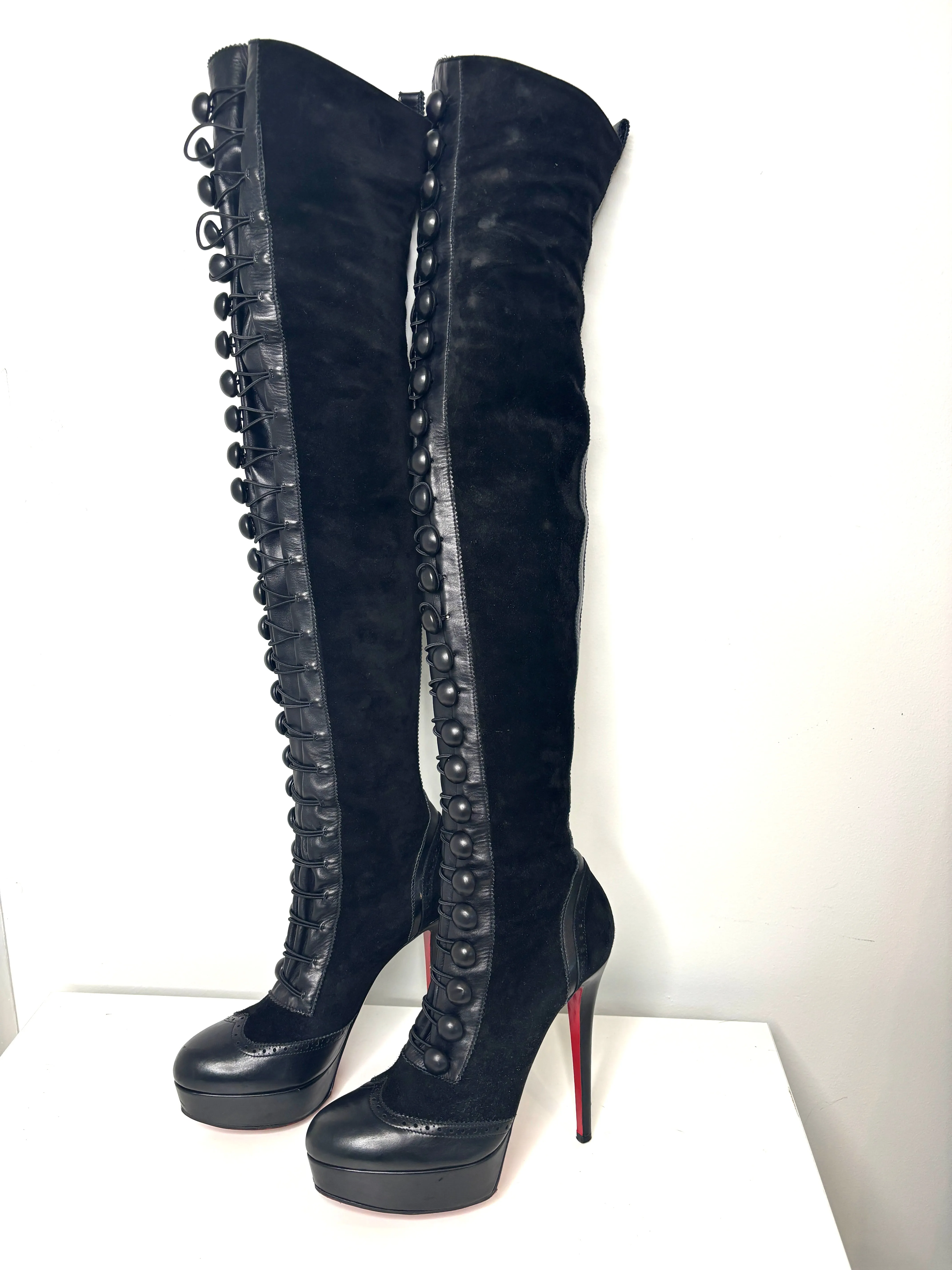 Christian Louboutin Majolique Over-the-Knee Platform Button Black Suede High Boots 39.5 UK6.5 Preloved