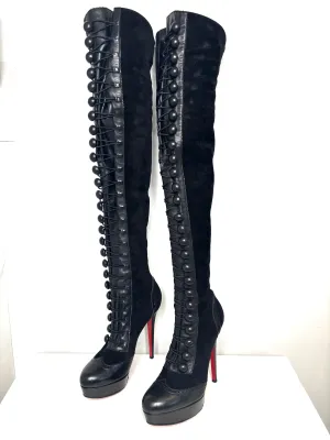 Christian Louboutin Majolique Over-the-Knee Platform Button Black Suede High Boots 39.5 UK6.5 Preloved
