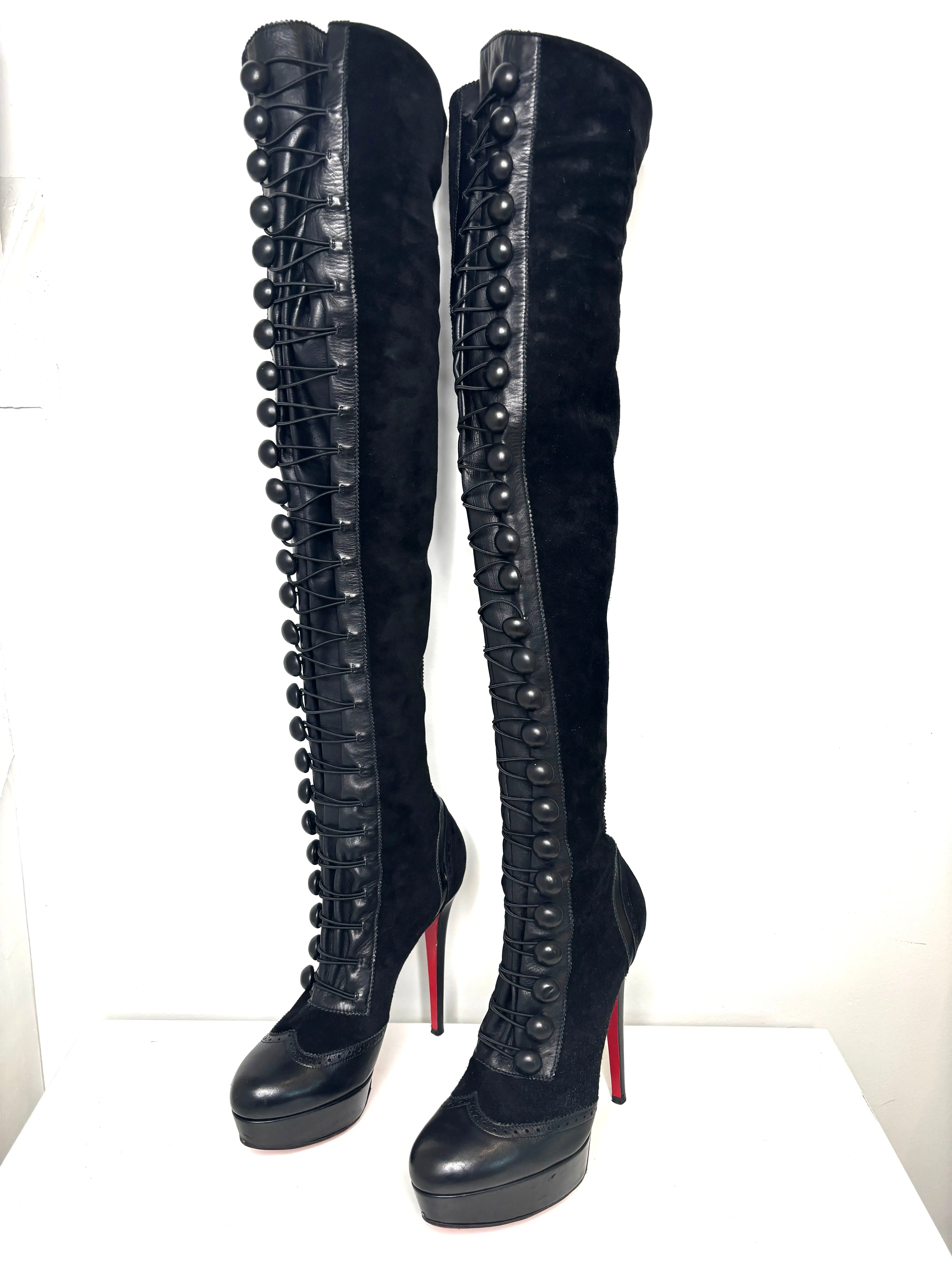 Christian Louboutin Majolique Over-the-Knee Platform Button Black Suede High Boots 39.5 UK6.5 Preloved