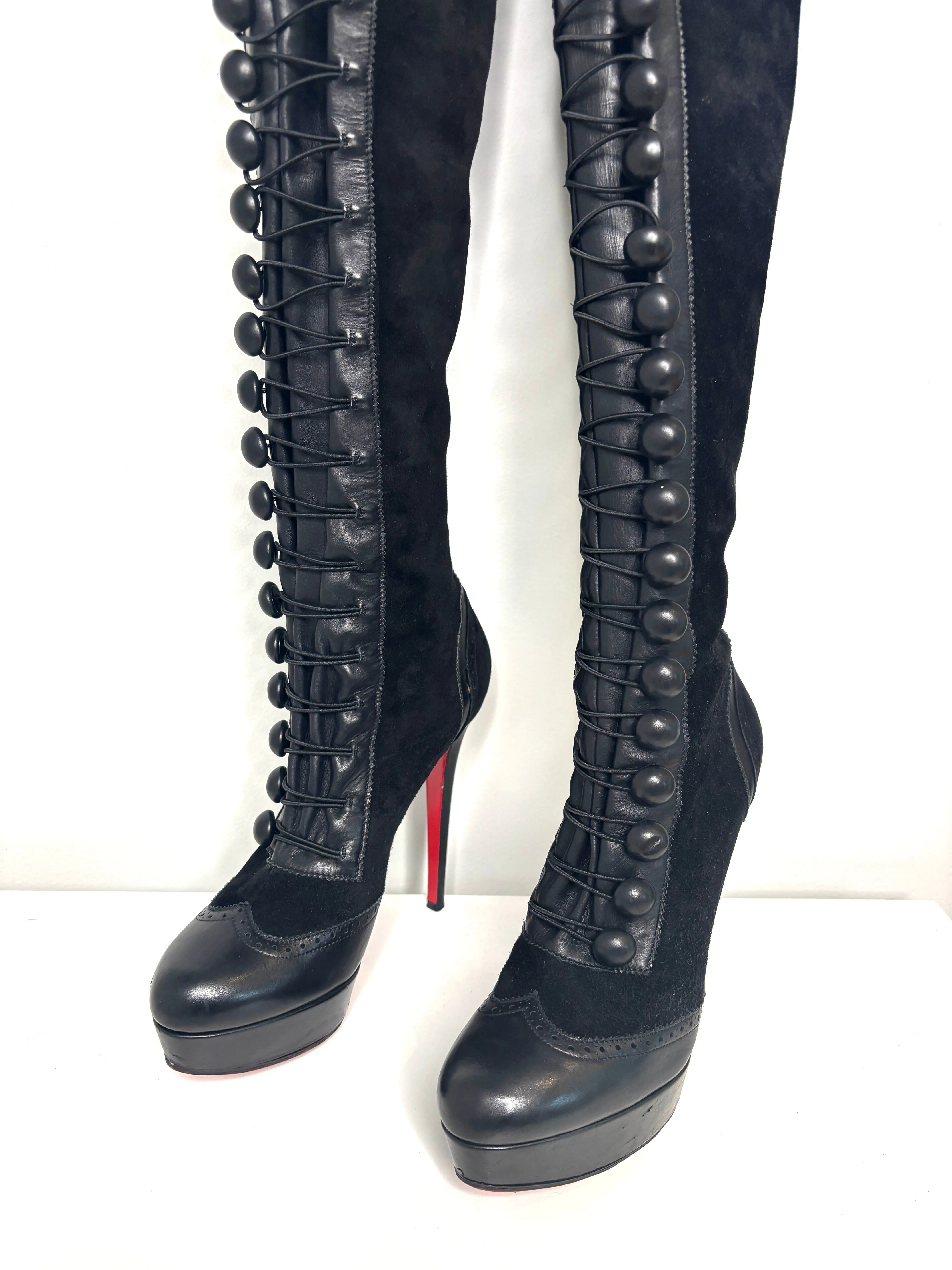 Christian Louboutin Majolique Over-the-Knee Platform Button Black Suede High Boots 39.5 UK6.5 Preloved