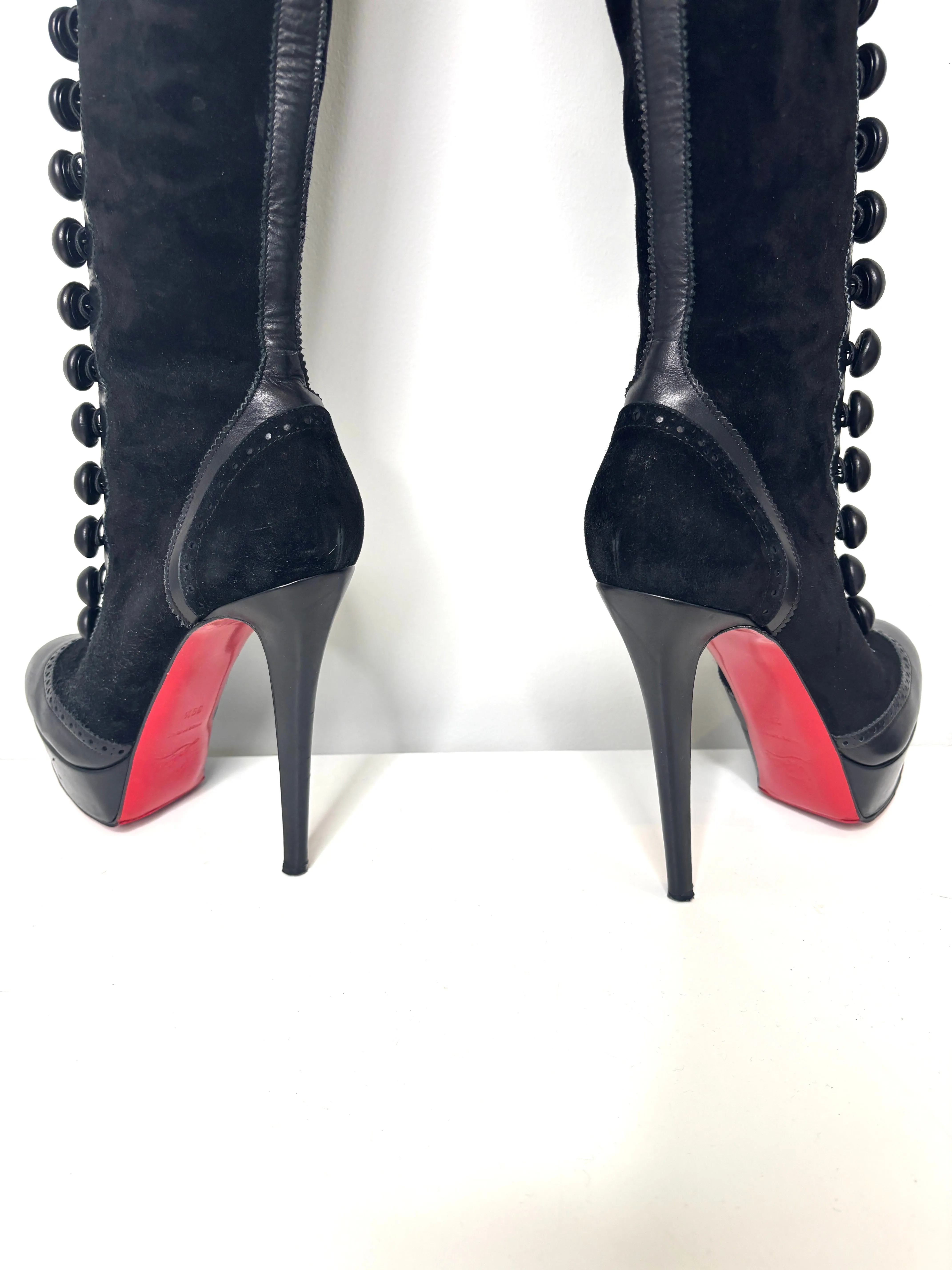 Christian Louboutin Majolique Over-the-Knee Platform Button Black Suede High Boots 39.5 UK6.5 Preloved