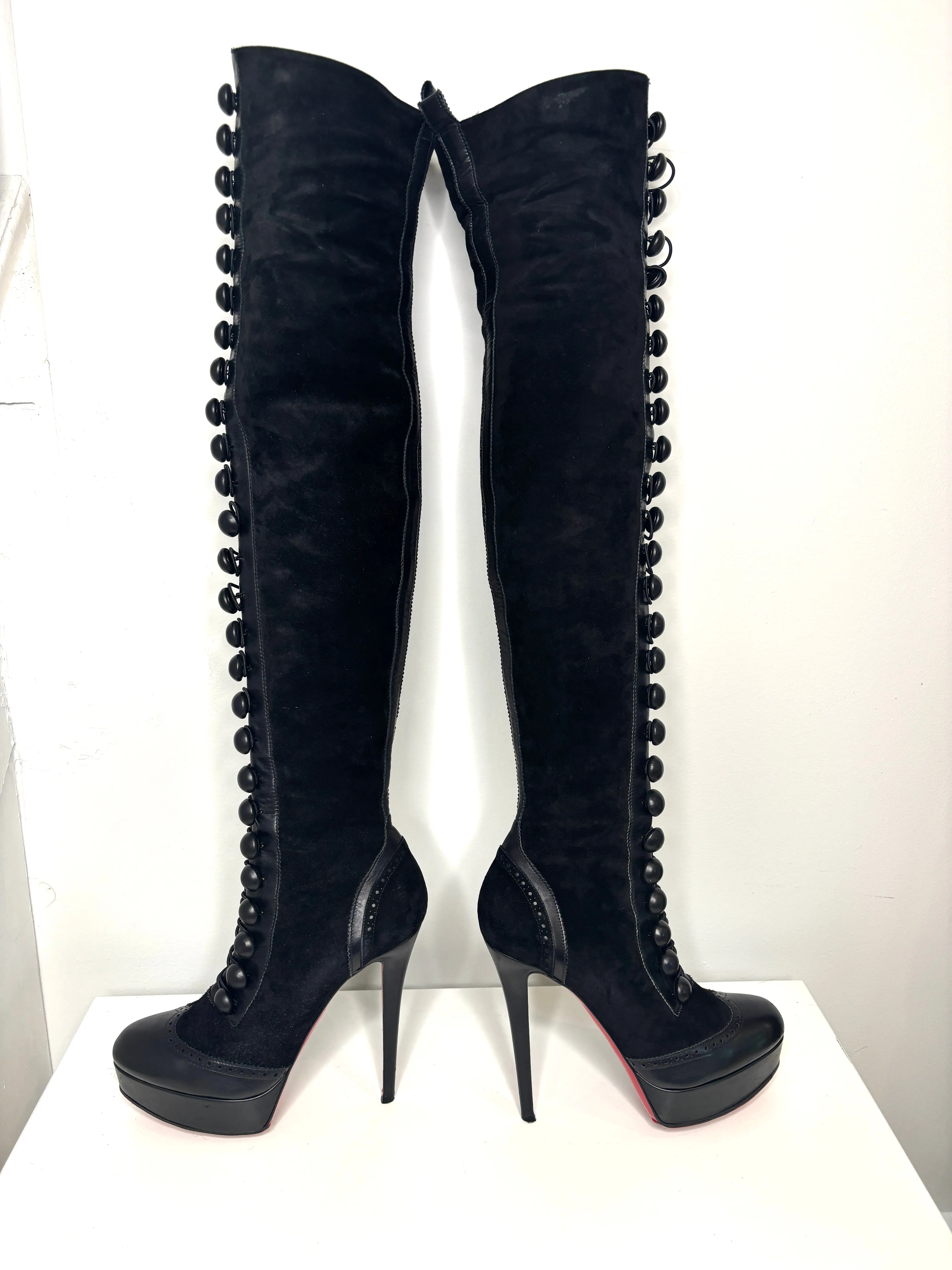Christian Louboutin Majolique Over-the-Knee Platform Button Black Suede High Boots 39.5 UK6.5 Preloved
