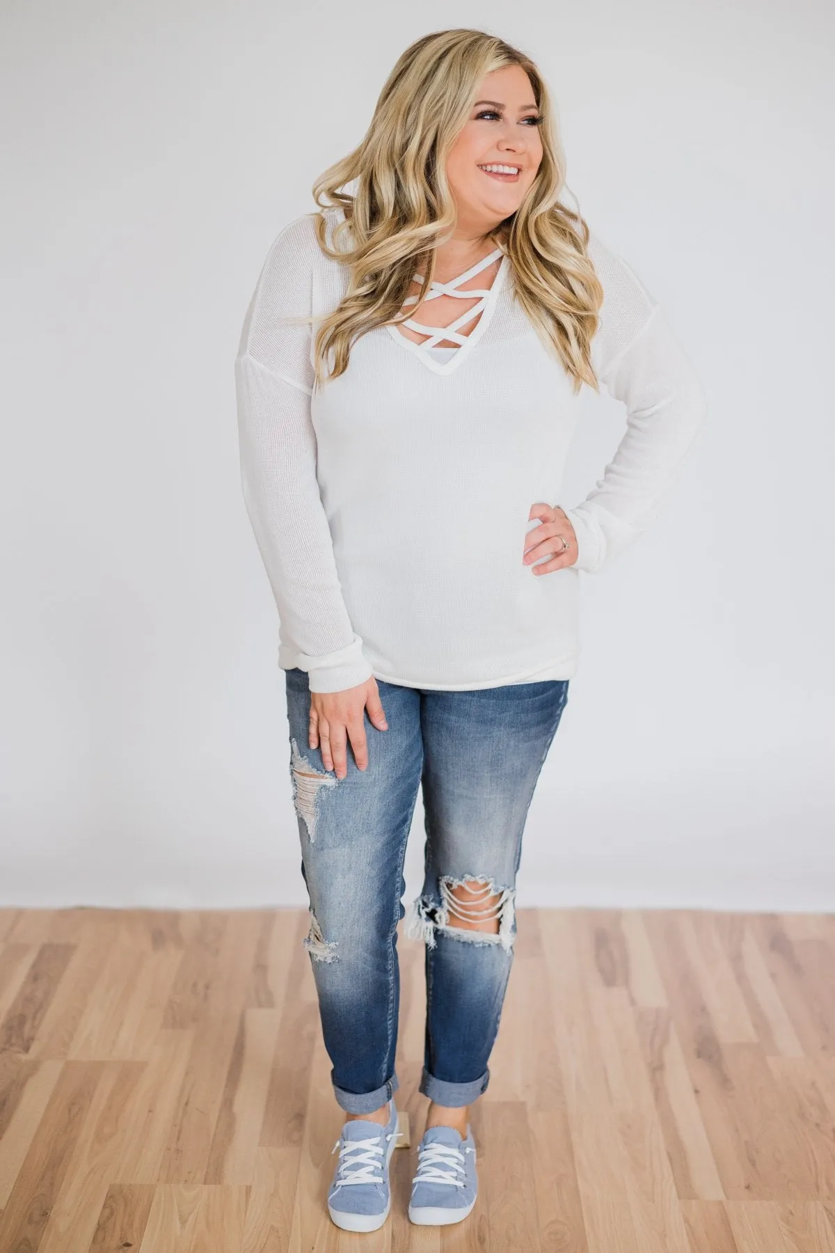 Comfy Knit Criss Cross Long Sleeve Top- Ivory