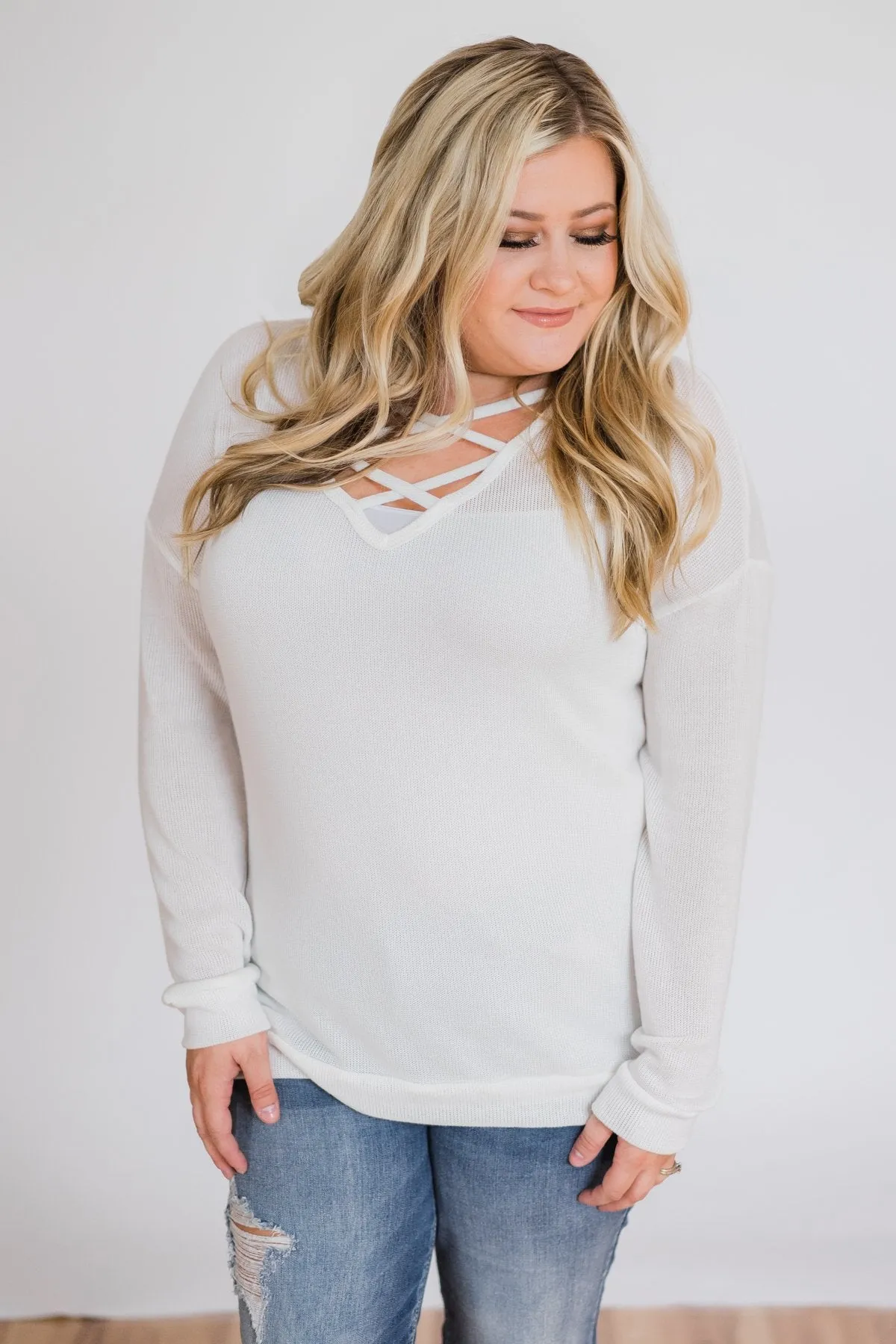 Comfy Knit Criss Cross Long Sleeve Top- Ivory