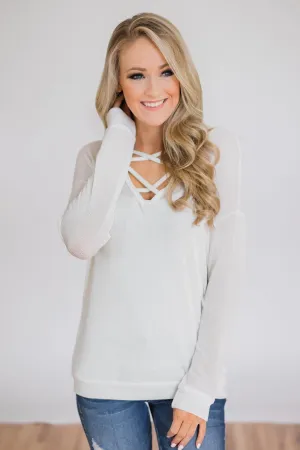 Comfy Knit Criss Cross Long Sleeve Top- Ivory