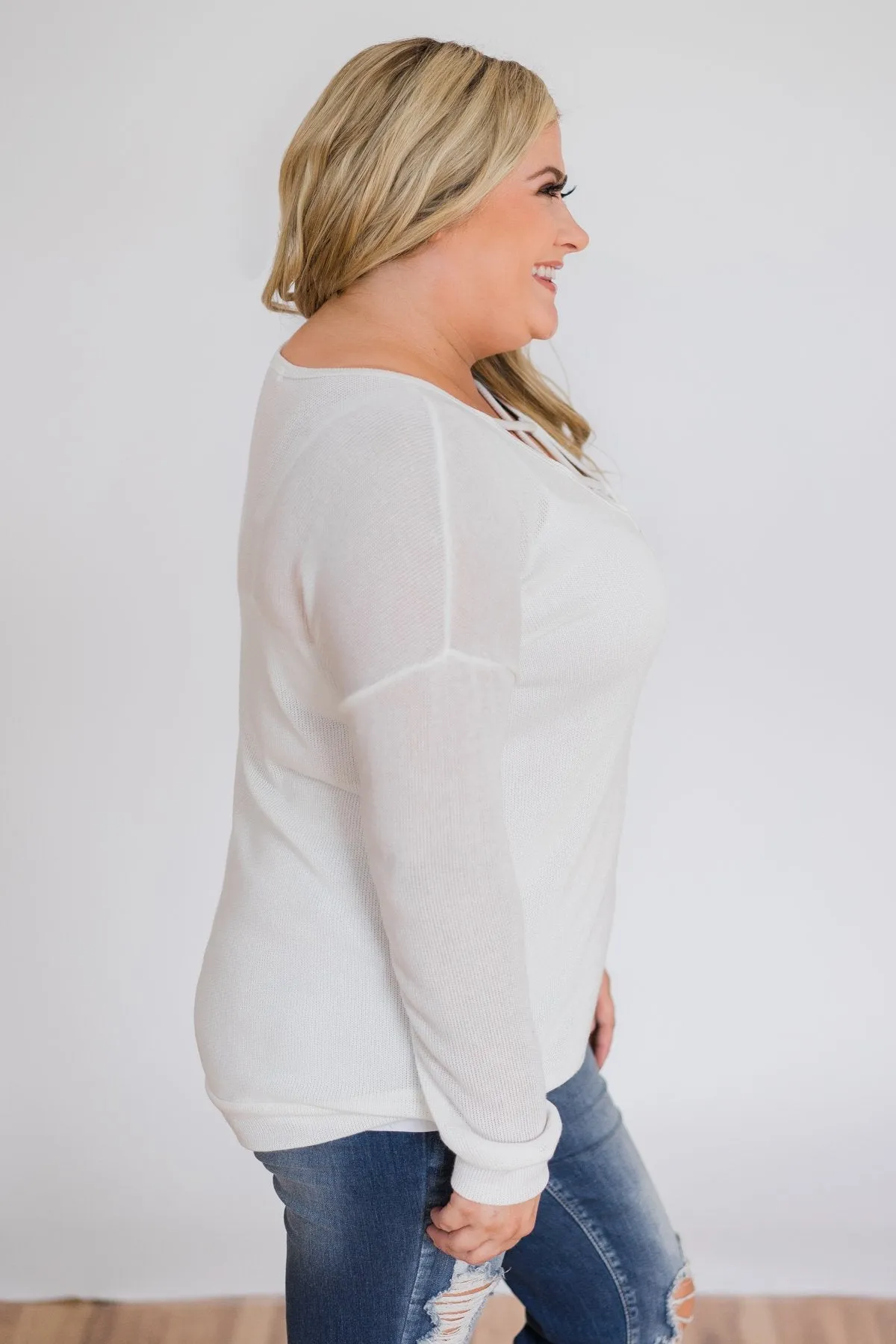 Comfy Knit Criss Cross Long Sleeve Top- Ivory