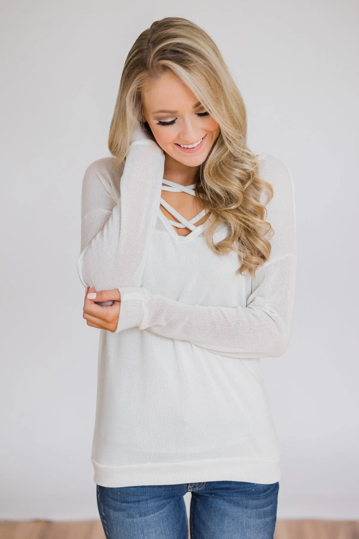 Comfy Knit Criss Cross Long Sleeve Top- Ivory
