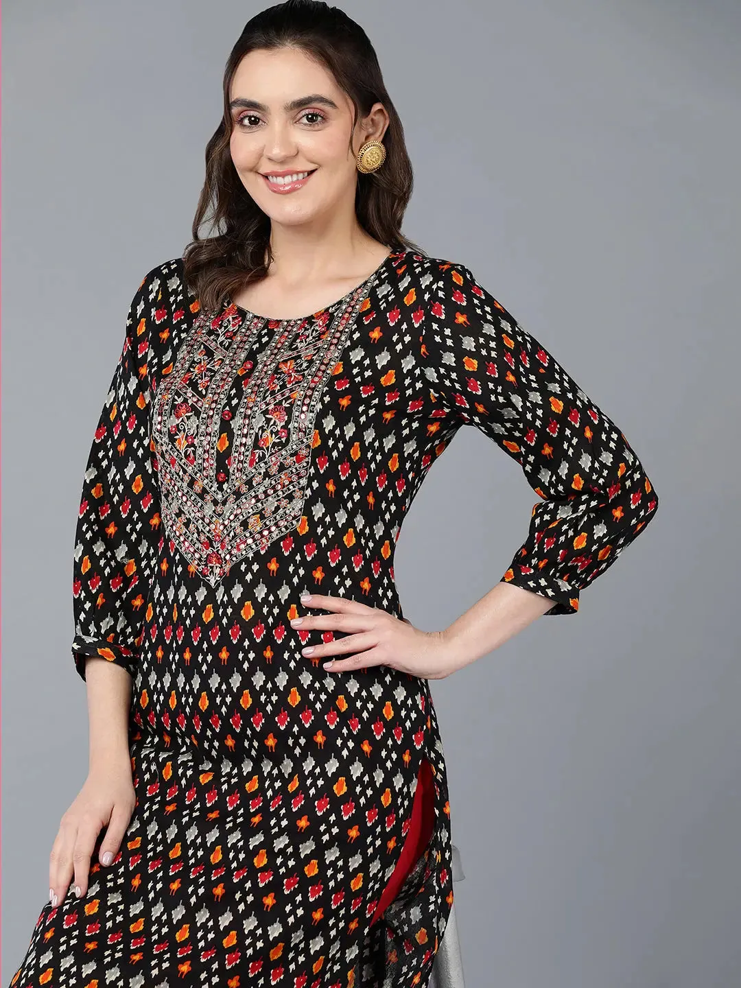 Cotton Black Ikat Printed Straight Kurta