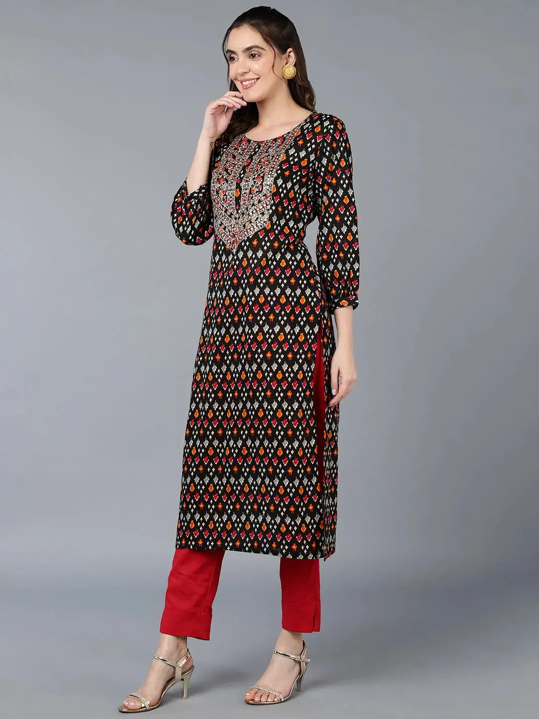 Cotton Black Ikat Printed Straight Kurta