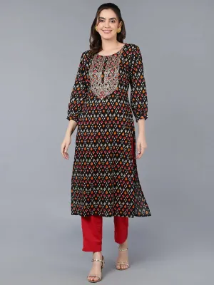 Cotton Black Ikat Printed Straight Kurta