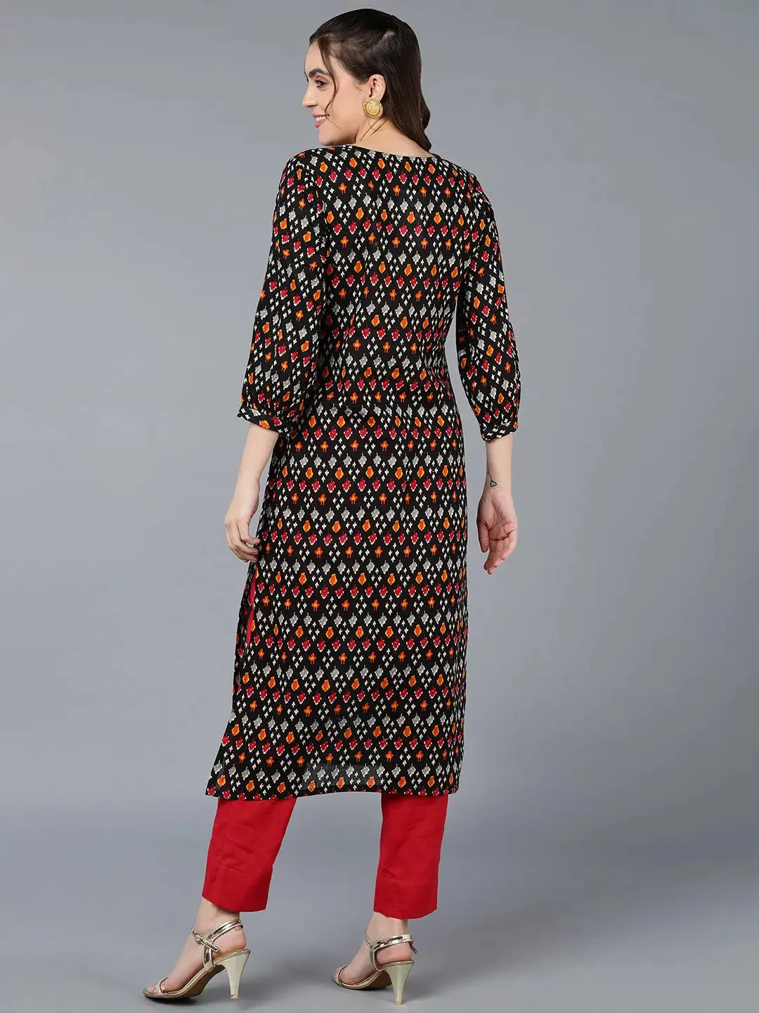 Cotton Black Ikat Printed Straight Kurta