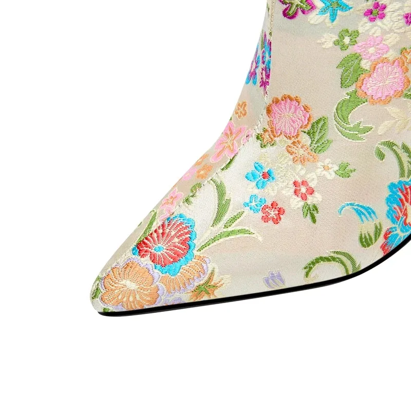 Cristne – Embroidered Flower High Heel Calf Boots for Women