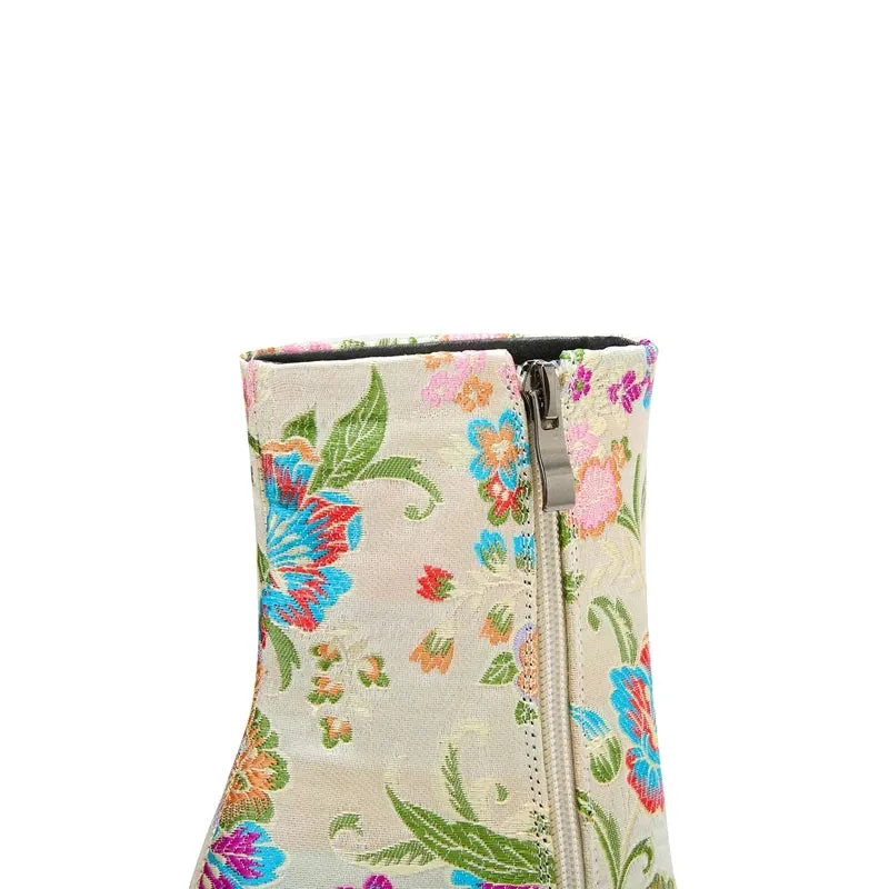 Cristne – Embroidered Flower High Heel Calf Boots for Women