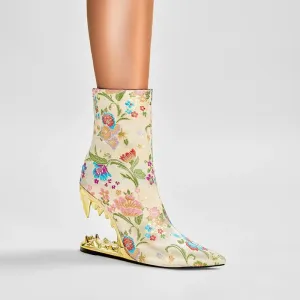 Cristne – Embroidered Flower High Heel Calf Boots for Women