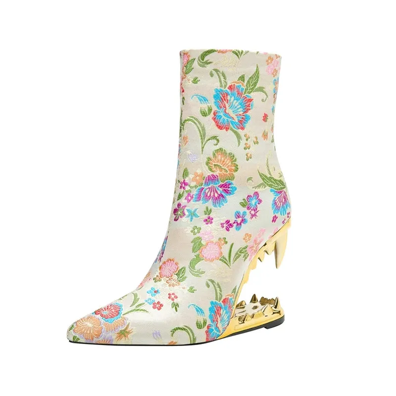 Cristne – Embroidered Flower High Heel Calf Boots for Women