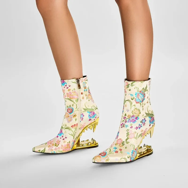 Cristne – Embroidered Flower High Heel Calf Boots for Women
