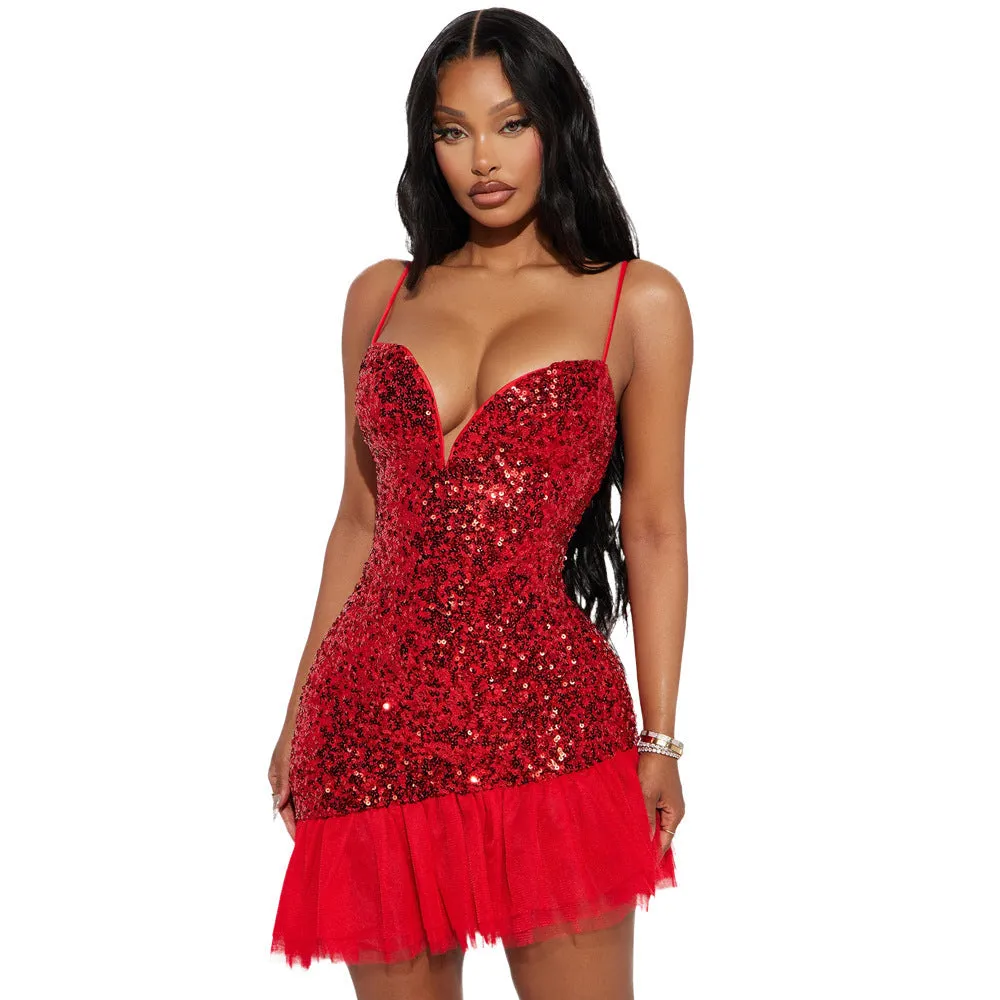 Dazzling Sequin Mesh Patchwork Dress with Sleek Strap Design