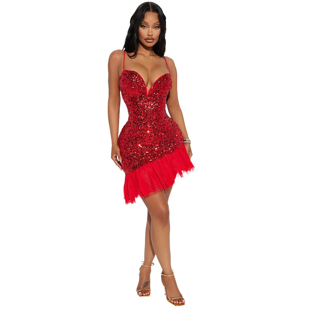 Dazzling Sequin Mesh Patchwork Dress with Sleek Strap Design