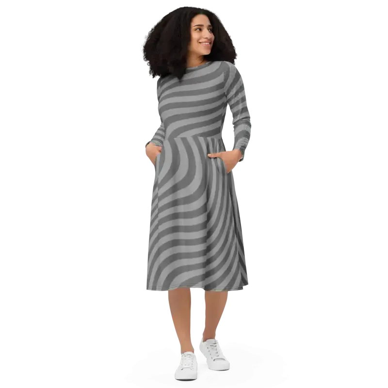 Eco Chic Wavy Grey Stripes Long Sleeve Midi Dress
