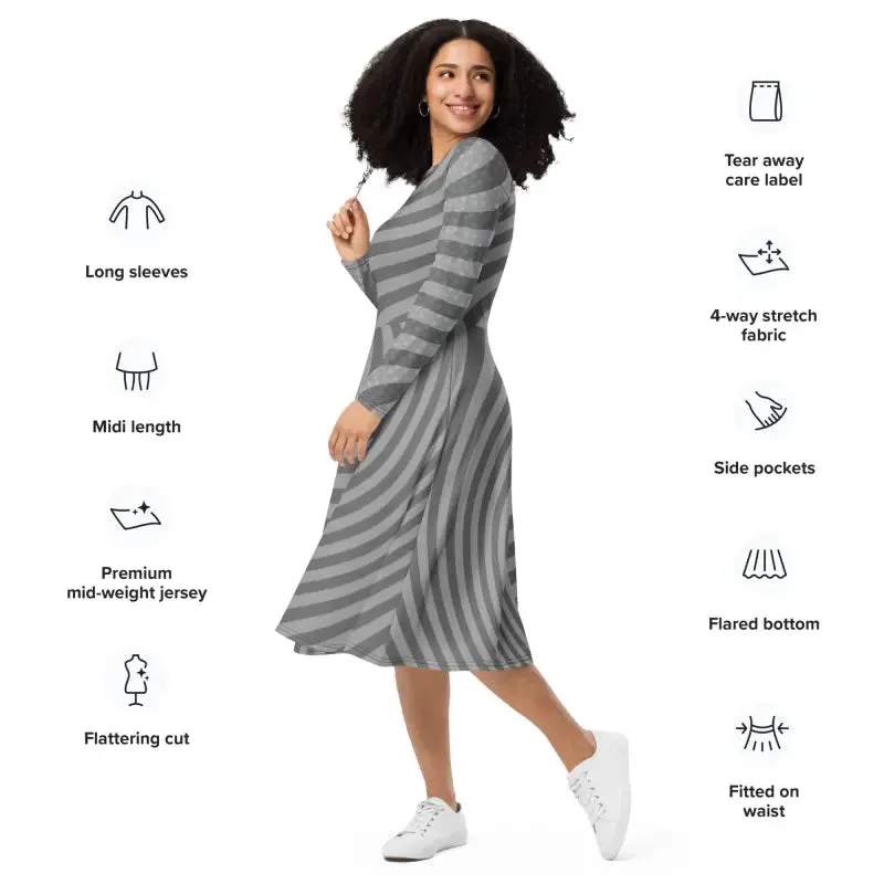 Eco Chic Wavy Grey Stripes Long Sleeve Midi Dress
