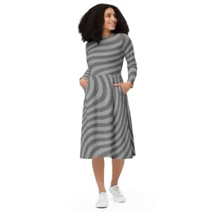 Eco Chic Wavy Grey Stripes Long Sleeve Midi Dress